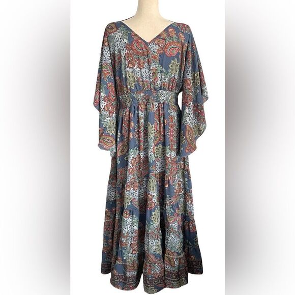 Boemo Blue and Red Paisley Long Sleeve Maxi Dress - Picture 4 of 10